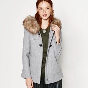 Zara Women's Gray Fur-Trimmed Wool Blend Coat Size Small